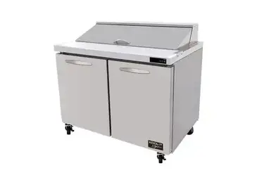 Kool-It - Signature Kool-It Signature Sandwich/Salad Prep Unit, two-section, 13.1 cu. ft. capacity, 48-2/5"W x 30"D x 42-3/5"H, 33-40°F temperature range, insulated lid opening for (12) 1/6 pans (4" deep pans included, can accommodate 6" deep pans), removable cutting board, (2) solid hinged doors, (2) adjustable shelves, stainless steel interior & exterior, (4) 4" swivel casters (2 braked), rear mounted self-contained refrigeration, R290 refrigerant, 1/4 HP, 115v/60/1-ph, 4.5 amps, cord, NEMA5-15P, cETLus, ETL-Sanitation