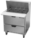 Beverage Air Mega Top Refrigerated Counter, one-section, 32"W, 8.01 cu. ft., (2) drawers (upper & lower pull-out drawers accommodate 6" deep pans), stainless steel top with opening for (12) 1/6 size pans (pans furnished are 4" deep, tops will accommodate 6" deep pans), 10" polyethylene cutting board, stainless steel exterior, aluminum interior, rear-mounted self-contained refrigeration, R290 Hydrocarbon refrigerant, 1/6 HP, cULus, UL EPH Classified, UL-Sanitation, MADE IN USA