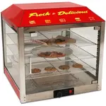 Winco Benchmark Hot Food Display Case, countertop, pass-thru, 23"W x 23"D x 24-1/2"H, adjustable thermostat, (3) adjustable chrome-plated racks, tempered glass side & door panels, graphics, aluminum & stainless steel construction, 450 watts, NEMA 5-15P, 120v/60/1-ph, 3.8 amps, cETLus, ETL-Sanitation (Qty Break = 1 each)