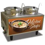 Winco Benchmark Soup Station Warmer, (2) 7 qt. wells, hinged inset lids, (2) long handled, removable 3 oz. one-piece ladles, pans, lids and adaptor plate, covered master switch, adjustable thermostat, stainless steel construction, 120v/50-60/1-ph, 1200 watts, NEMA 5-15P, 10 amps, cETLus, ETL-Sanitation (ships in 2 boxes) (Qty Break = 1 each)