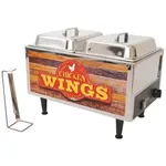 Winco Benchmark Chicken Wing Warmer, countertop, electric, (2) 4" deep 1/2 size pans, adjustable thermostat, 2" high domed lids, includes: stainless steel tong & tong holder, stainless steel construction, 120v/50-60/1-ph, 1200 watts, NEMA 5-15P, 10 amps, cETLus, ETL (ships in 2 boxes) (Qty Break = 1 each)