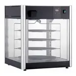 Winco Display Merchandiser, 23-5/8"L x 25-1/4"W x 27-9/16"H, countertop, rotating, accommodates (4) 18" dia. pizzas, digital adjustable temperature/humidity (89°F to 194°F / 30°C to 90°C), server side swing door, interior illumination, lighted display panel, removable crumb tray, tempered glass sides, stainless interior, matte black powder coated exterior, 120v/60/1-ph, 13.1 amp, 1.5 kW, 13.1 amps, NEMA 5-15P, cETLus, ETL-Sanitation (Qty Break = 1 set)