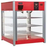 Winco Display Merchandiser, 23-5/8"L x 25-1/4"W x 27-9/16"H, countertop, rotating motor to accept optional round rack, (3) flat or slant display shelves showcase food products, adjustable temperature/humidity (89°F to 194°F / 30°C to 90°C), (2) pass-through swing doors interior illumination, lighted display panel, removable crumb tray, tempered glass sides, stainless interior, matte red powder coated exterior, 120v/60/1-ph, 13.1 amp, 1.5 kW, 13.1 amps, NEMA 5-15P, cETLus, ETL-Sanitation (Qty Break = 1 set)