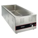 Winco Food Warmer, electric, 4/3 size, 14-5/8"W x 29-3/4"D x 10-11/16"H, rectangular, countertop, wet operation only, 11-13/16"W x 27"D x 6-5/16"H well opening, accommodates (4) 1/3 size steam table pans (and other configurations), dial control, graduated heat settings (low: 140°F; medium: 170°F; high: 200°F), dedicated indicator light, stainless steel body, 120v/50/60/1-ph, 1.5kW, 12.5 amp, NEMA 5-15P, ETL-Sanitation, cETLus (Qty Break = 1 each)